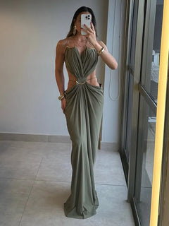 Sexy Backless Party Women's Dress Sleeveless V-neck Slim Maxi Female Vestidos 2026 Fashion Pleated Hollow Out Evening Lady Robe