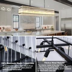 Modern Rectangular Crystal Glass Chandelier, 10-Lights Black Chandelier Lighting Contemporary Pendant Ceiling Light Fixture