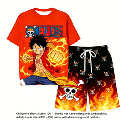 One Piece Luffy Anime Printed Short Sleeve T Shirt And Shorts Set Unisex For Children And Adults Stylish Home Sleepwear Suit