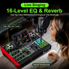 Tenlamp  G10-P15-NB25 Podcast Equipment with 3.5mm Condenser Mic, Sound Board,Sound Card for PC/Phone Podcast Recording, Voice Changer, Denoise,Phantom Power,Reverb，G10 Live Streaming Audio Interface Gaming Audio Mixer