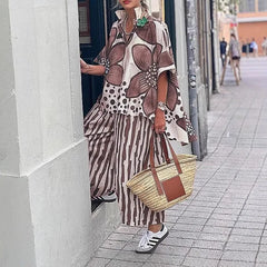 2 Piece Sets Women Summer Print Loungewear Long Pants Sets Vintage