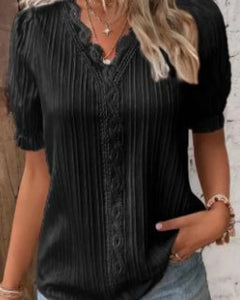 Plus Size Women's Shirt Blouse Yellow-green Violets White Plain Lace Short Sleeve Casual Basic V Neck Regular Pullover White Blo