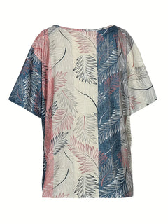 Plus Size Casual Top, Women's Plus Colorblock Leaf Print Short Sleeve Round Neck Tee