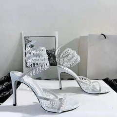 2023 Summer Crystal Pendant Twine Sandals Rhinestone High Heels 10cm Open Toe Women Shoes Party Wedding Bridal Shoes Size 34-43