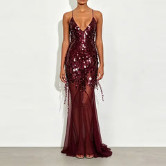 Sexy Hollow Sleeveless High Waist Evening Dress 2025 Casual Off Shoulder Suspender Dresses Lady Deep V Sequin Slim Mermaid Dress