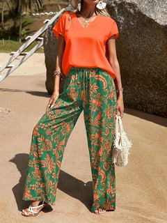 Summer Women 2 Piece Outfit Set V-Neck Short Sleeve T-Shirt + Floral