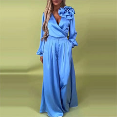 Fashion Solid Color Satin Long Sleeve Shirt Women 2 Piece Spring Autumn New Casual Loose Wide Leg Pants Pocket Female Office Set