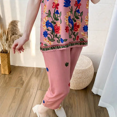 Summer Women Cotton Linen Short Sleeve Set Large Size Middle-Aged