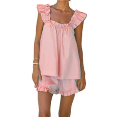 Womens Summer Solid Color 2 Pieces Set Ruffle Sleeveless Sling Square Collar Vest Shorts Tank Top Outfits Lounge Matching Sets