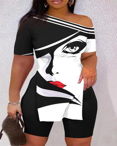 Print Two Piece Shorts Sets Women Skew Collar Short Sleeve Shirts Side Split Tops Pullover Elastic Waist Trousers Summer 2025