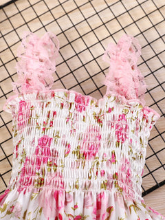 Baby Girls Floral Romper Set, Sleeveless Lace Trim Jumpsuit + Matching Bow Headband, 2pcs Outfit