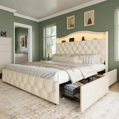 Queen Size Bed Frame and Headboard & 4 Storage Drawers, Upholstered Platform Bed Frame with RGB LED Lights &, Customized