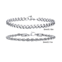 2pcs Men's Chain Bracelets, Stainless Steel Silver Gold Black Color