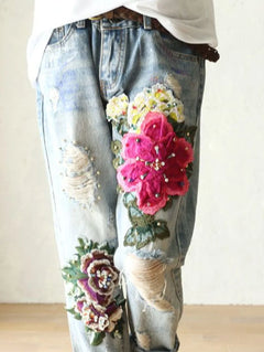 Fashion Jeans for Women Summer Casual Floral Embroidery Denim Trousers