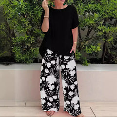 Wide Leg Pant Two Piece Set Women Fashion Short Sleeve Shirt and Pant