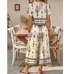 Fashion Ethnic Retro Printed Short-sleeved Women's Suit Summer New Casual Simple Elegant 7-minute Pants Female 2-piece Set 2026