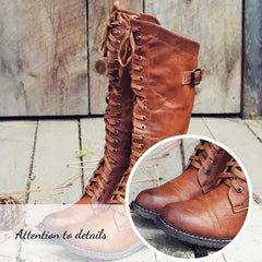 Women Knee High Boots Autumn Winter Lace Up Flat Shoes Sexy PU Leather Shoes Retro Buckle Women Shoes Fashion Black Knight Boots