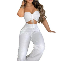 Sexy Women's 2-piece Sets Suit Spring Summer White Waistless Slim-fitting Bandeau Wide-leg Trousers Fashion Suit Women Clothing