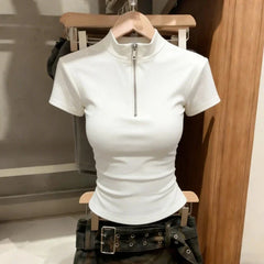 High Street Slim Zipper Patchwork Simplicity Tops Summer New Short Sleeve All-match Korean T Shirts Fashion Trend Women Clothing