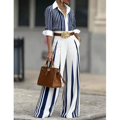 Spring Autumn Fashion Striped Printed Long Sleeve Shirt Women Suit Wide Leg Pocket Pants Female Office 2piece Set Including Belt