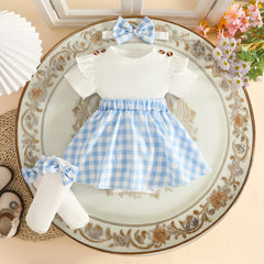 Baby Girl Bodysuit Dresses Short Sleeve Heart Shape Bow Romper Infants Onesies With Socks Headband 3pcs Sets For Newborn Girls