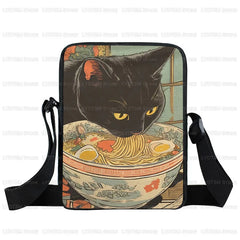 Japanese Black Cat Eating Ramen Print Crossbody Bag Women Shoulder Bag for Travel Phone Wallet Holder Teenager Messenger Bags