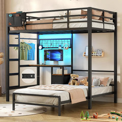 Twin Over Twin Bunk Bed,Built-in Desk & Charging Station & LED Lights with Storage Drawers,Bedroom Furniture, Custom