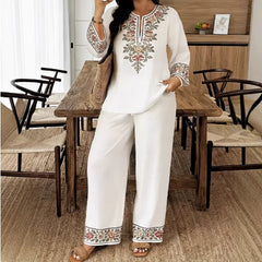 Two Piece Set Women Outfit 2026 Spring Autumn New Floral Print Round Neck Long Sleeve Loose Top & High Waist Casual Pants Set