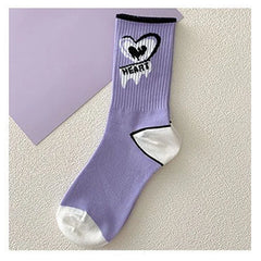 Kawaii Love Print Socks Purple Women Socks Female High Beauty In Spring Summer Fried Street Middle Tube Socks Harajuku Medias