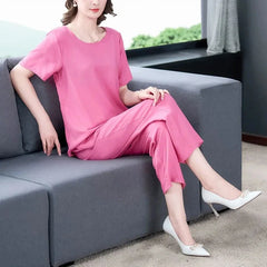 Cotton Silk Suit Summer Women's Sets New Casual Solid Color Short Sleeve Ankle-Length Pants 2 Piece Set Middle Age Mother Outfit