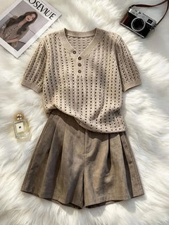 Elegant Casual 2 Piece Set 2026 Women Crochet Knit V Neck Button Short Sleeve Top High Waist Tailored Shorts Daily Summer Outfit