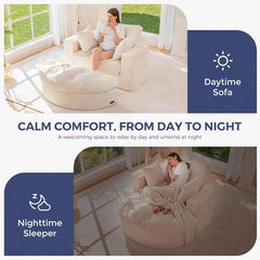 Oversized Round Chaise Lounge Sofa, Boneless Chair with Ottoman | Beige Upholstered Reading Chair Has a Deep Seat and 3, Custom