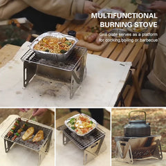 Camping Wood Burning Stove with Grill Plate Outdoor Portable Folding
