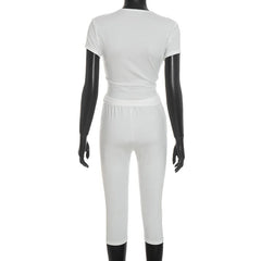 Stylish Lady Cross V Neck Ruched Short Sleeve Two Piece Set High Waist Capri Pants 2026 Women Solid Bodycon Casual Tracksuit