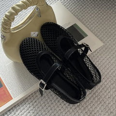 Aneikeh Summer Fishing Net Flat Bottom Sandals Hollow Design Fashio Low Cut Shallow Comfortable Beach Roman Women Shoes