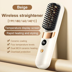 Electric Hair Straightener Brush Rechargeable Ceramic Styling Comb with Temperature Display for Women Daily Care
