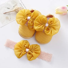 Spring Infant Baby Girl Shoes Newborn Lace Flowers Headband Anti-Slip Soft Sole First Walkers Toddler Kids Cotton Baptism Shoes