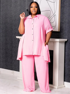Wmstar Women Plus Size Two Piece Set 5XL Summer Casual Solid Button T Shirt Wide Leg Pants Female Outfits Wholesale Dropshipping
