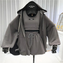 Women's Fashionable Casual Sports Windsuit Spring Autumn Collection Age-Reducing Gym Running Sweatshirt Shorts Three-Piece Set