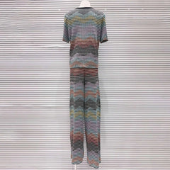 CHUJIE 2026 Summer New, Stylish And Versatile, Round Neck Colorful Contrast Striped, Short-sleeve Knitted Top + Trousers Set