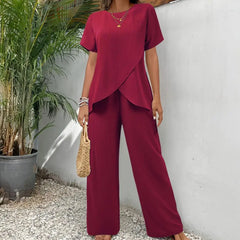 Casual Solid Suit Women Summer Fashion Round Neck Short Sleeve