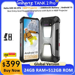 Unihertz tank 2 Pro 8849 rugged phone with projector, 100MP camera, 24GB 512GB, Android 14, 100MP, NFC, Helio G99, 23800mAh , 4G