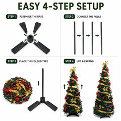 Green PVC Christmas Tree 1.5/1.8/2.1M Pre-Decorated Bow Topper Flowers,Foldable Xmas Tree Optional USB Lights Holiday Home Decor