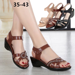 Women Spring Summer Rhinestone Wedge Sandals Comfort Mid Heel Anti-slip Soft Sole Elderly Mom Shoes Breathable Casual Ladies