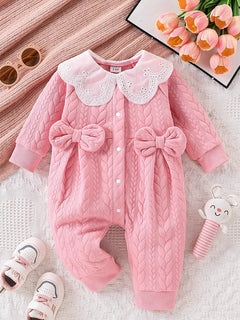 Pink Thickened One-Piece Romper for Baby Girls, with Cable Knit Quilted Fabric, Doll Collar with Hollow Lace, Double Bow, Snap Buttons on the Front and Crotch, Warm and Cute