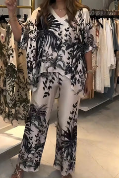 Fashion Short-sleeved V-neck Top + Wide-leg Pants 2-piece Set Women Elegant Spring Loose Irregular Top Floral Print Suit Female