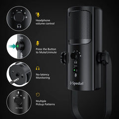USB Microphone for PC Mac Gaming Recording Stream Podcast, Computer Condenser Mic with Phone Adapter Headphone Output
