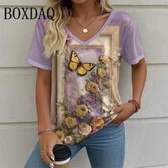 Plant Flowers 3D Print T Shirt For Women 2025 Summer Retro Short Sleeve Shirts Casual Tie Dye Butterfly Loose Plus Size Tops 8XL