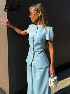 Elegant Short Sleeve Top Pants Set Women's Solid Single-breasted O Neck Waist-cinching Tops Loose Lantern Trousers 2026 Outfits