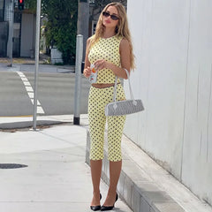Women Polka Dot 2 Piece Outfit Sleeveless Crew Neck Crop Tank Top High Waist Capri Leggings Matching Sets Y2K Streetwear Co Ord